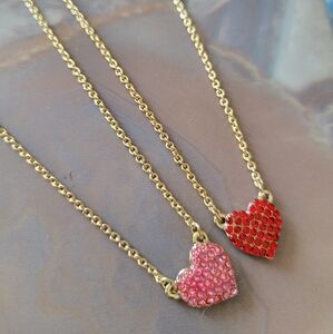 J. Crew Factory set of 2 Pavé HEART Necklaces -  red & pink